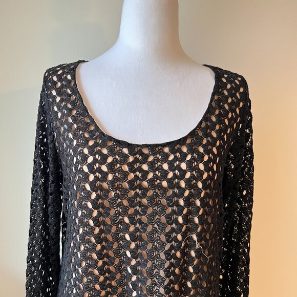 Design Lab Black  Boho Retro Crochet Mini Dress with Bell Sleeves (L) - Picture 2 of 13